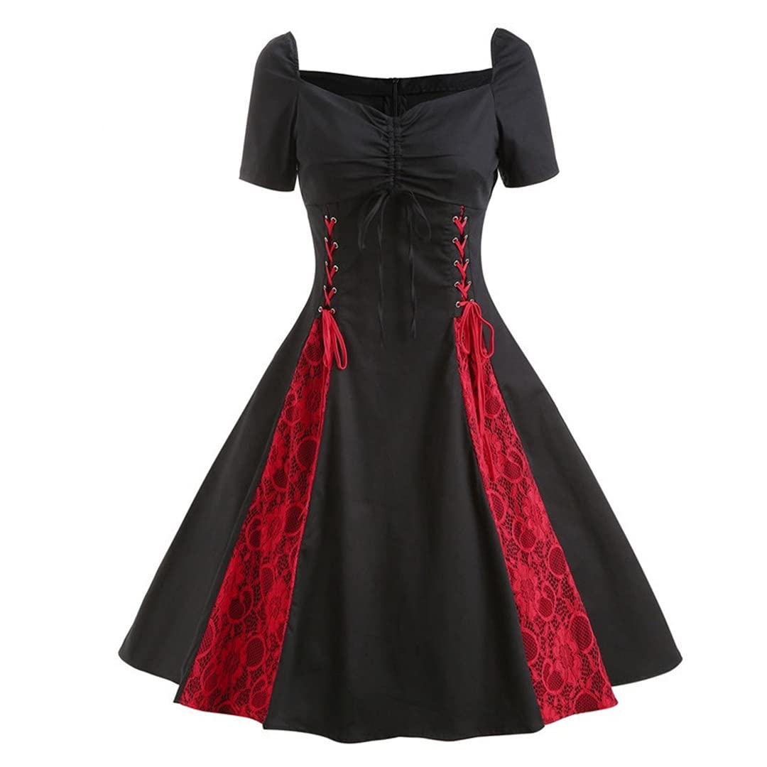 Vestido de fiesta túnica de contraste de encaje para mujer, busto fruncido, corbata frontal con cordones vestidos de vendimia roja
