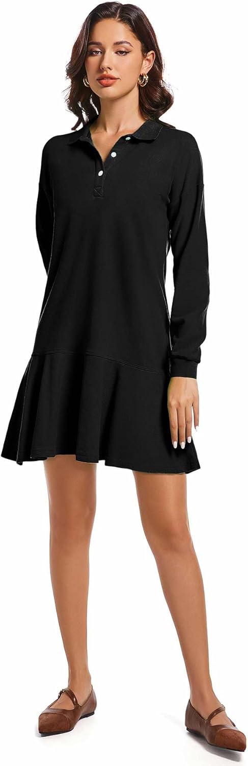 Women's Polo Dress Long Sleeve Collared V-Neck Ruffle Hem Mini Dresses for 2026 Spring - Image 2