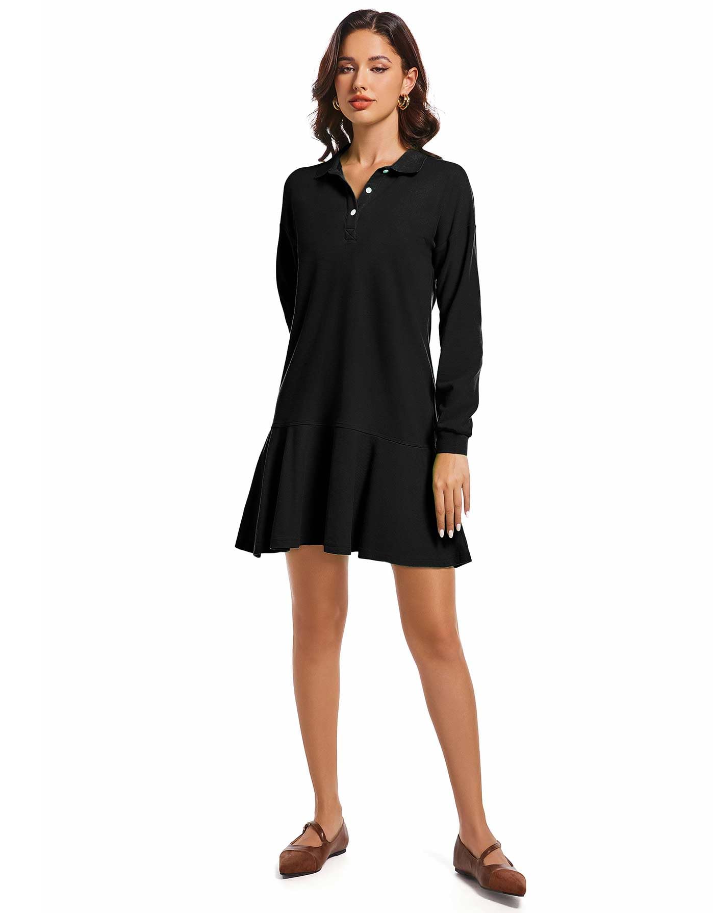 YEXPINE Mini robe polo à manches longues et col en V avec ourlet à volants pour femme