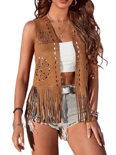 Lshyuehao Womens Fringe Vest 70s Hippie Costume Sleeveless Hollow Out Faux Suede Tassel Waistcoat Western Cowgirl Jacket Vest (A-Brown, XL) — gift idea for moms · $18.99