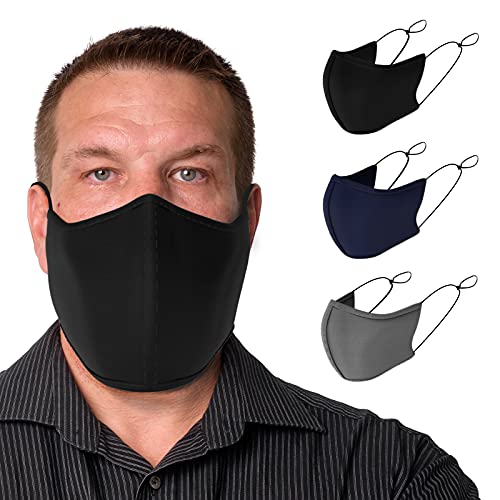 TUFF Face Mask Adult XL Size 3 Pack Breathable Washable Reusable – Adjustable Loops (Black Gray Navy Blue)