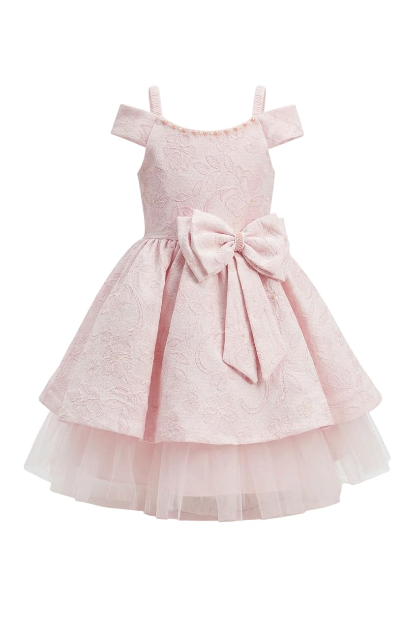 SIRRI Abito da Festa Rosa Jacquard per Bambina con Fiocco, Maniche a Spalle Scoperte e Gonna in Tulle, età 2-9 Anni
