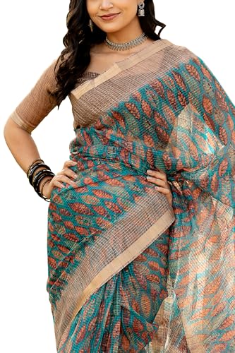 Image of MIRCHI FASHION Kota Doria Cotton Saree with Blouse Piece | Leaf Floral Printed Saree for Women | Traditional Ethnic Daily Wear Summer Saree
