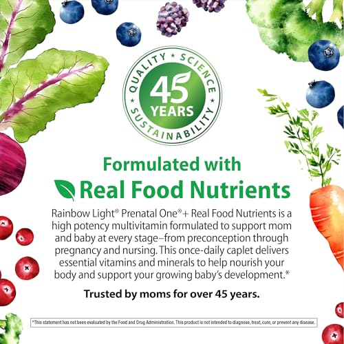 Rainbow Light Prenatal Multivitamin One + for Women with Probiotics | 150 Caplets | Essential Nutrition for Mom & Baby | with Vitamins C & D, Folate, Choline, Iron and More