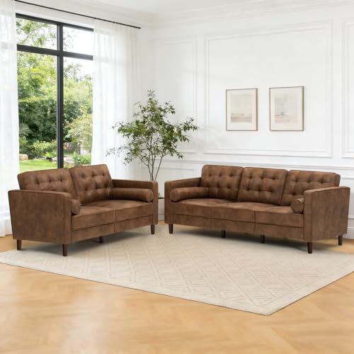 Image of 2 Pieces Suede Leather Sofa Set with Bolster Pillows, Brown | Tufted 3-seat Sofa and Loveseat Couch with Wooden Legs, Upholstered Living Room Set for Living Room, Office