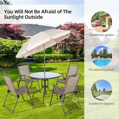 Vongrasig 6 Pieces Folding Patio Dining Set, All Weather Small Metal Outdoor Table and Chairs Set, Patio Furniture Set w/Umbrella, Glass Table & 4 Folding Chairs for Garden, Lawn, Backyard, Brown - Image 7