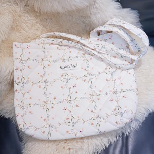 Image of Floral Quilted Cotton Shoulder Bag for Women Daily Use Medium Size Handbag Large Capacity Thickened Design Tote