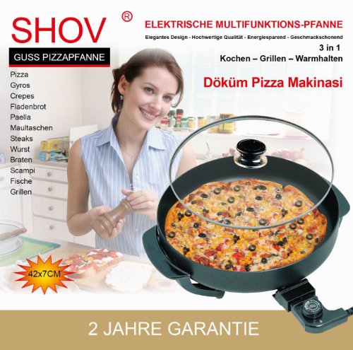 SHOV Elektrische Guss Multipfanne 42 cm – Pizzapfanne mit Deckel, Thermostat & Antihaft – 3-in-1 Kochen, Grillen, Warmhalten – 1200 W Döküm Pfanne SHOV Elektrische Guss Multipfanne 42 cm – Pizzapfanne mit Deckel, Thermostat & Antihaft – 3-in-1 Kochen, Grillen, Warmhalten – 1200 W Döküm Pfanne