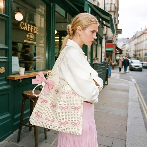 Image of JeVenis Crochet Tote Coquette Bow Aesthetic Beach Mesh Knitted Shoulder Bag