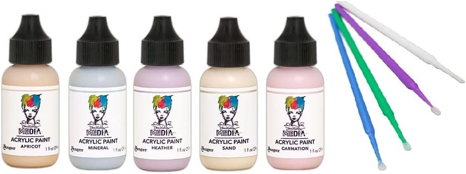 Ranger Acrylic Paint Bundle - 5 Dina Wakley Media Acrylic Paints Blending Sticks (Pleasantly Pastel - Carnation, Mineral, Heather, Sand and Apricot)
