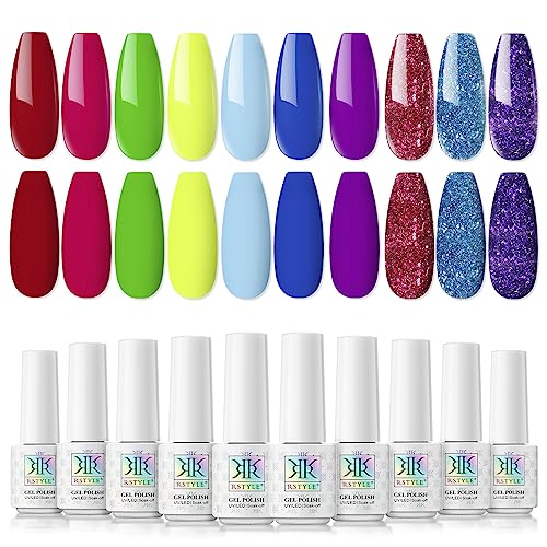 RSTYLE Esmaltes Semipermanentes para Uñas, 10 Colores Neón Pintauñas Semipermanentes Esmalte Semipermanente Pintauñas Permanentes Esmaltes de Gel de Uñas Rojo Verde Glitter