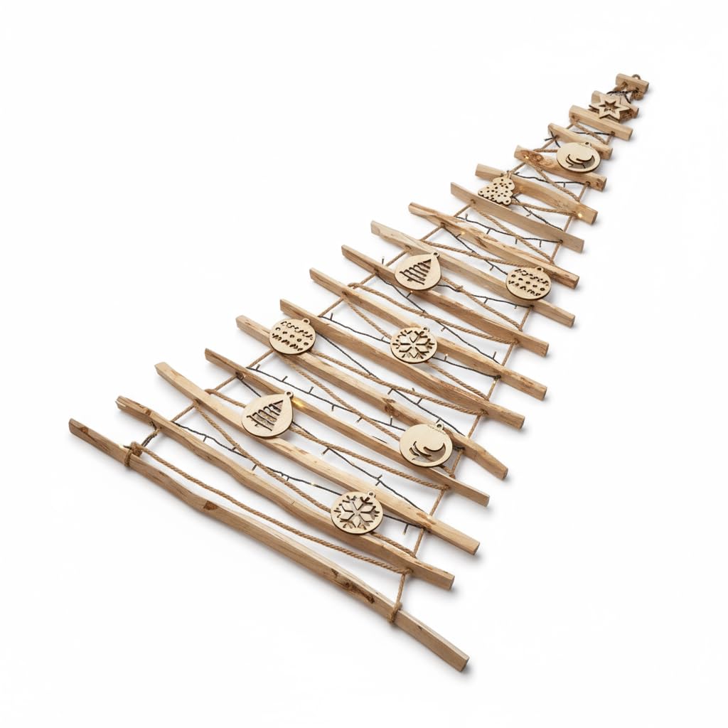 BOGATECO Albero di Natale fatto a mano, con decorazioni, 195 cm, con LED da 230 V, in legno di nocciola, ciondolo decorativo, pannelli di legno collegati a una corda di iuta con uno spessore di 6 mm