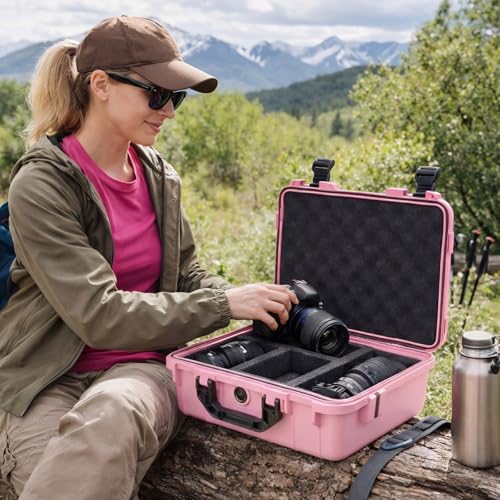 Image of Relaxweex 1 Pcs Waterproof Hard Case with DIY Customizable Foam Insert Portable Protective Case with Knife for Camera Drones Equipments Tools Test Instruments(Pink,14.3 x 11.4 x 4.5 Inch)
