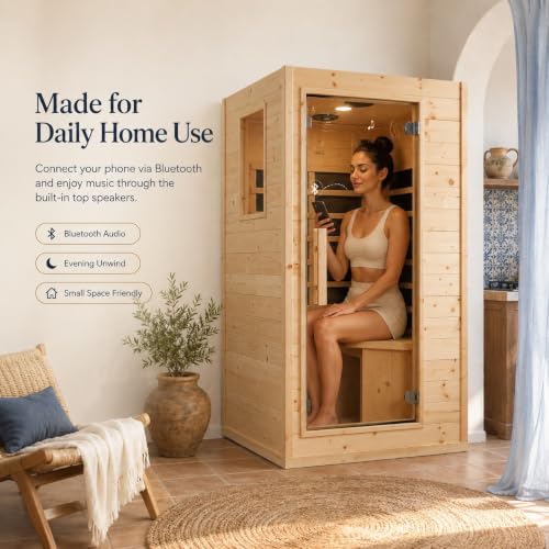 Mini Sauna 1 Person Far Infrared Sauna for Home, 4.9ft Space Saving Indoor Sauna with Side-Opening Glass Door & Side Window, Natural Spruce Wood Dry Spa, 900W Rapid Warm-Up, Bluetooth, Cup Holder - Image 5