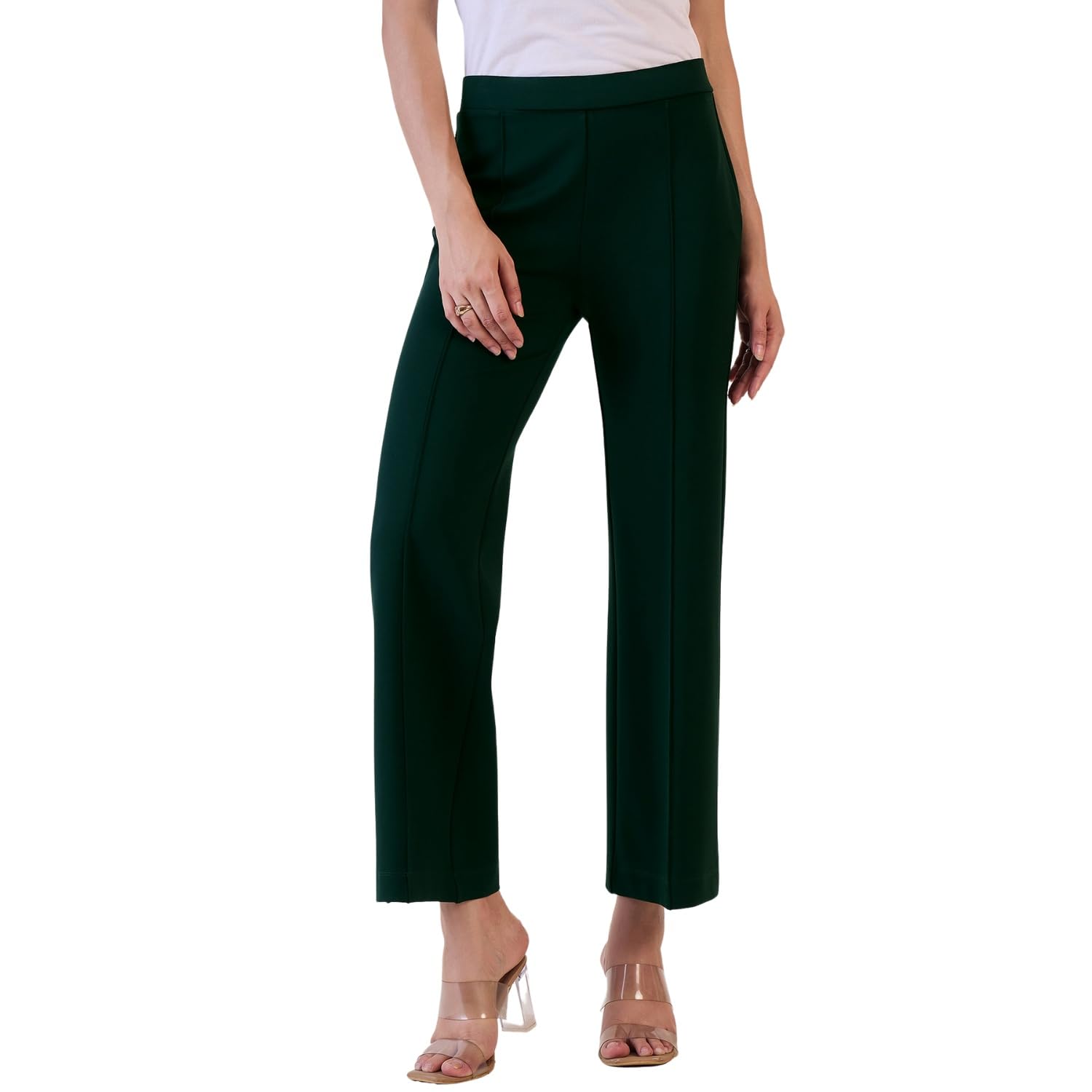 Womens Mid Waist Green Formal Trousers Stretch Fabric Ankle Length Office Pants Solid Slim Fit Workwear for Women