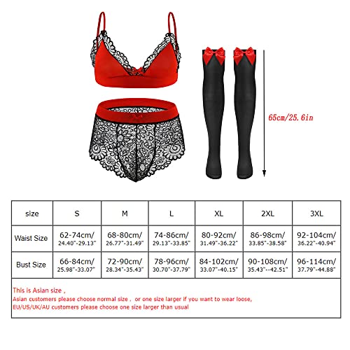Freenfond Men's Lingerie Sissy Lace Bra Panties Set With Bowknots Stockings 3Pcs Crossdressers Nightwear Red #TOP6