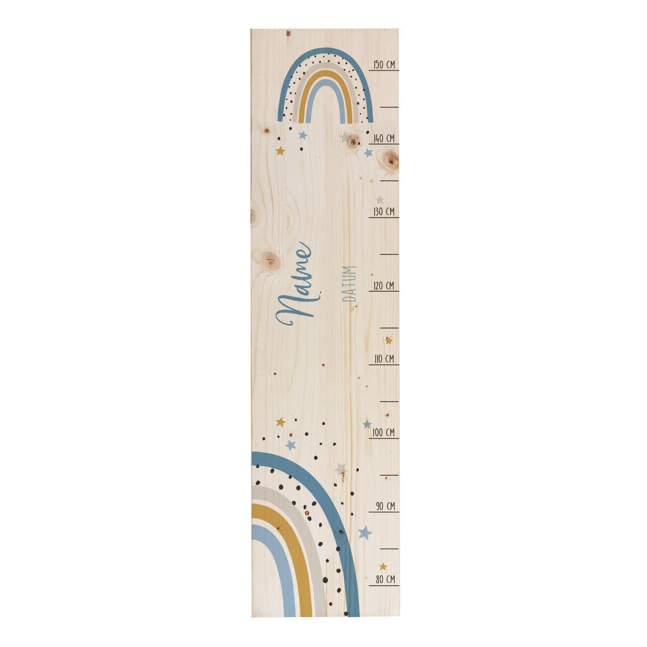 Striefchen® Messlatte für Kinder mit Namen aus Holz für Kinderzimmer mit niedlichen Motiven Messleiste Regenbogen Blau