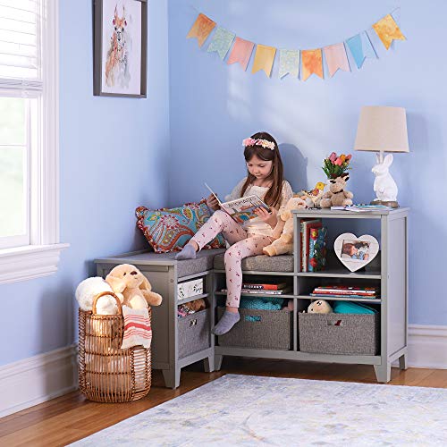 MARTHA STEWART Living and Learning Kids' Corner Nook Gray: Wooden Storage Bookcase Organizer with Seat Cushion and Fabric Bins for Reading in Bedroom or Playroom