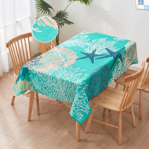 Nautical Coastal Tablecloth For Rectangle Table Beach Themed Starfish Coral Seashell Print Table Cloth Waterproof Durable Table Cover For Kitchen Dining Room Indoor/Outdoor Party 52 X 70 Inches #TOP2