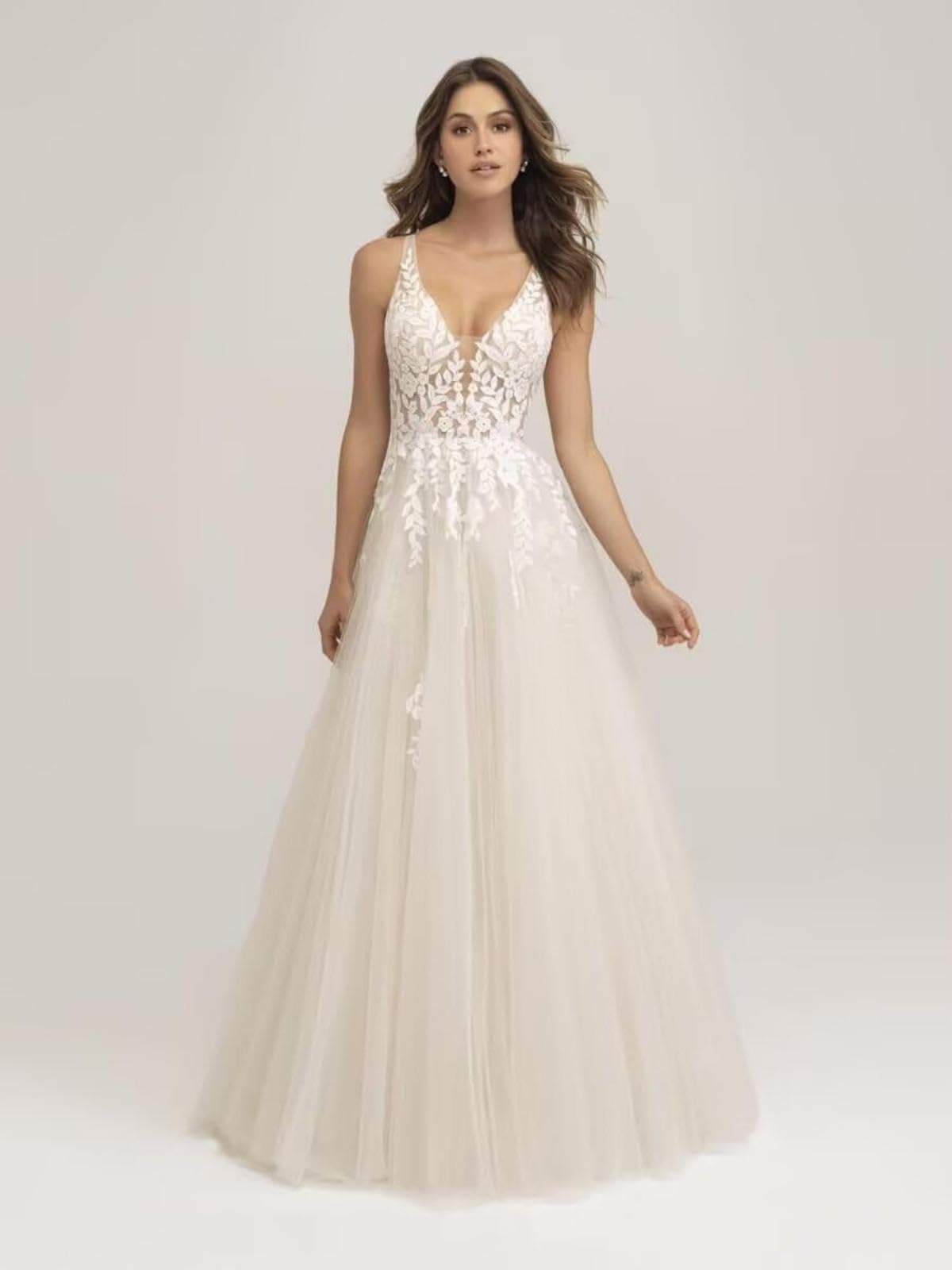 HUINI Spitzen Tüll Brautkleid Langer V-Ausschnitt A-Linie ärmellos Strand Hochzeitskleid für die Braut mit Schleppe