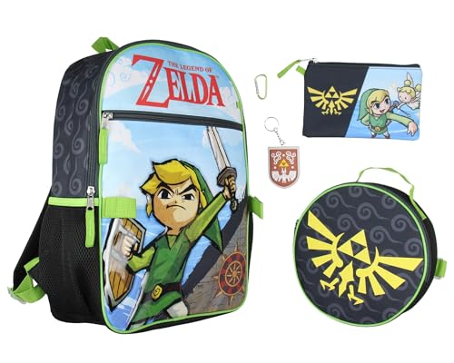 Bioworld Legend of Zelda 5 Pc 16 Backpack Lunch Box Set School Travel Lunch Tote Pencil Case Rubber Keychain Backpack For Kids
