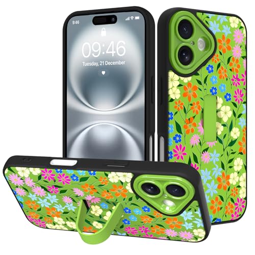 Image of for iPhone 16 Case with Finger Strap Holder, Cute Colorful Floral Flower Print Pattern Design for Women Girls, Shockproof Anti Scratch Hand Kickstand Protective Cover, Green