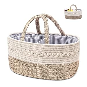 Baby Diaper Caddy Organizer, Woven Rope Cotton Nursery Storage Basket, Portable Handle With Large Changing Compartment Bins, Cream Beige