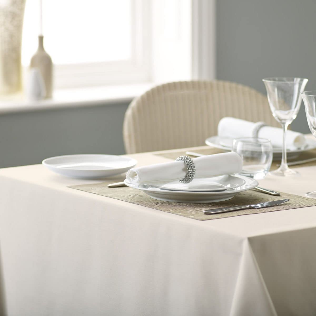 Vision Linens 100% Spun Polyester Plain Design Coloured Tablecloth, Dining Table Cover for Square & Rectangular Tables, Stain Resistant, Machine Washable, Ivory - 114 x 114cm