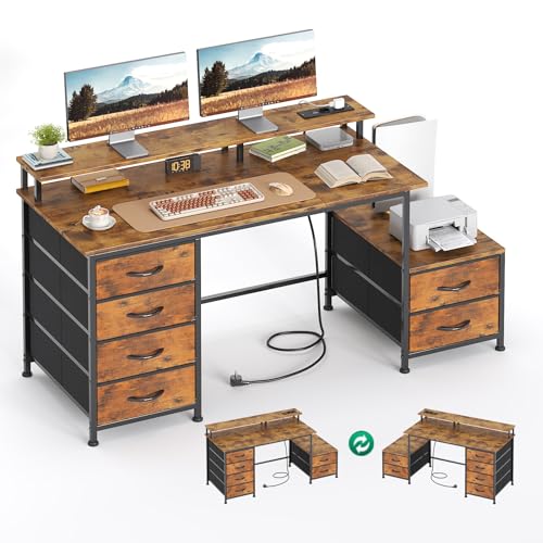 Escritorio de oficina de 132 x 48 cm con 6 cajones y espacio para impresora, escritorio reversible para ordenador con soporte para monitor y tomas de corriente, escritorios para oficina en casa