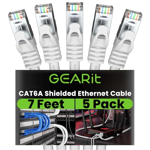 GEARit Cat6A Ethernet Cable (7 ft, 5-Pack, White) 10Gbps Snagless Shielded SSTP, SFTP Shielded Ethernet Cable, 26AWG 4 Pair Solid Bare Copper Cat6 Cable, Cat 6 Shielded Network Cable - 7 feet