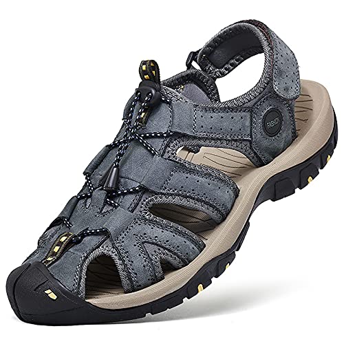 MILDSEVEN Fashion Men's Closed Toe Sandals, Classics Real Leather Hiking Sandals, Hollow Out Backpacking Beach Shoes,10.5,Grey