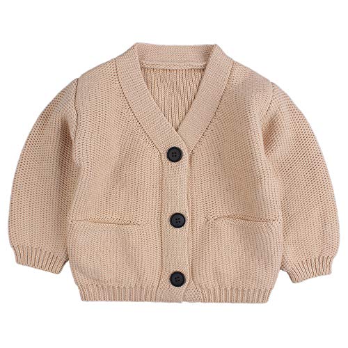 Peecabe Baby Boy Girl Sweater Children Cardigan Button-Down Coat Cotton Outfit Long Sleeve V-Neck Jacket (Khaki, M)
