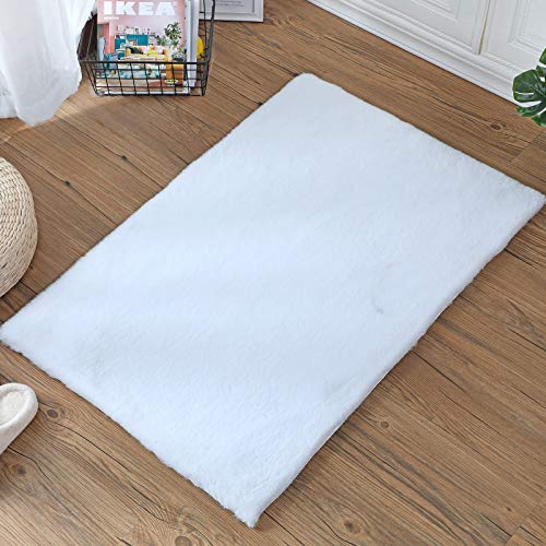 SXYHKJ Alfombra De Piel De Conejo Artificial,Antideslizante Lujosa Suave Lana Artificial Alfombra para salón Dormitorio baño sofá Silla cojín (Blanco, 60x90cm)