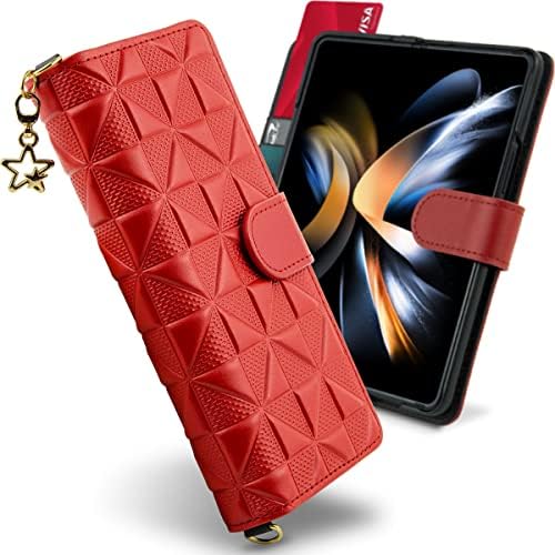 Qoosan Genuine Leather Designed for Samsung Galaxy Z Fold 4 Wallet Case (2022) Hinge Protection 360 Cover Flip Phone Case with Card Holder Strap, Red