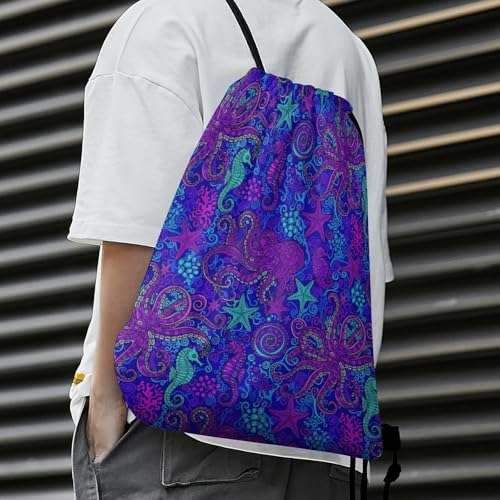 Image of Travel Drawstring Backpack Theft Proof Cinch Sack Water Resistant Sackpack for Camping Hiking Outdoor Sports, Trippy Octopus Art Blue Bags