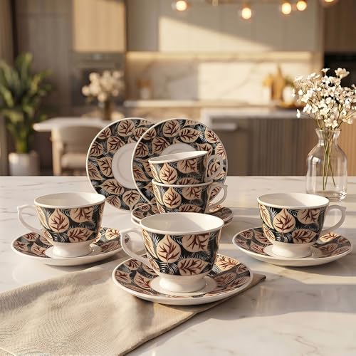 Image of UPC Premium Bone China Cup & Saucer Set (6 Pieces) | Elegant Solid Color Tea Coffee Cups | Lightweight, Durable & Glossy Finish | Ideal for Home, Office & Gifting