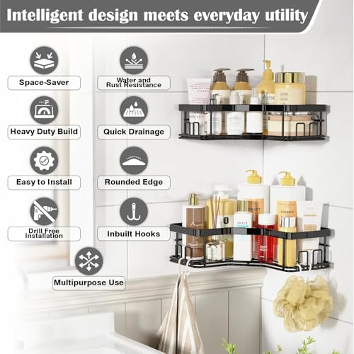 Image of JD FRESH Multipurpose Bathroom Organizer Shelf Rack Corner Without Drill /Self Adhesive Accessories Holder for Kitchen /Wall Mounted Organizer for Bathroom Space Saving Shelf Corner (Black, Pack of 4)