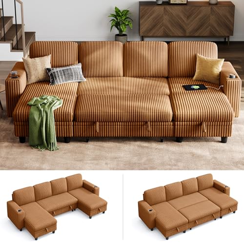Image of LINSY HOME Sectional Sleeper Sofa with Pull Out Couch Bed - Convertible Plush Corduroy Cloud Couch with Storage Chaise & USB Charging, Comfy U Shaped Modular Couches for Living Room, Brown