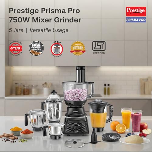 Image of Prestige Prisma Pro 750W 5 Jars Mixer Grinder|Stainless Steel Jars 3U, Multi Utility Jar 1 U, & Juice Jar 1 U|6 Super-Efficient Blades|Black & Silver