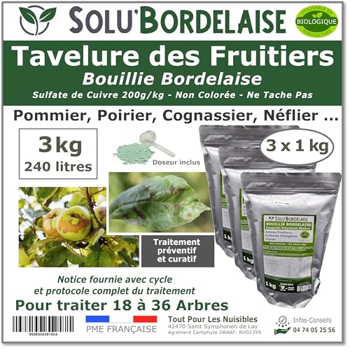 Solu'Bordelaise - Tavelure des Fruitiers - 3 kg de Bouillie Bordelaise Non Colorée - Fongicide Polyvalent à base de Sulfate de Cuivre 200 g/kg - Doseur Inclus - Utilisable en Agriculture Biologique