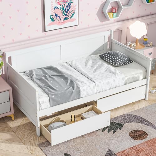 PVWIIK Wood Daybed Twin Size with Drawers and Handrail,Space Saving Design Sofa Bedframe w/Headboard&Guardrails for Kids Girls Boys Bedroom, White