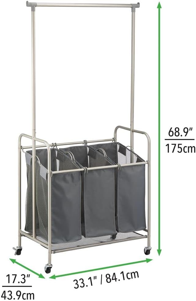 mDesign Portable Laundry Sorter with Wheels and Garment Hanging Bar - Heavy Duty Metal Cart System with 3 Hamper Laundry Sorter Basket Organizers and Drying Rack - Satin/Dark Charcoal Gray