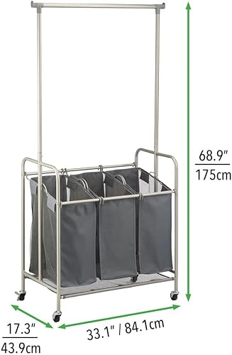 Miniatura 5 de mDesign Clasificador portátil de lavandería con ruedas y barra colgante de ropa, sistema de carrito de metal resistente con 3 cestas clasificadoras