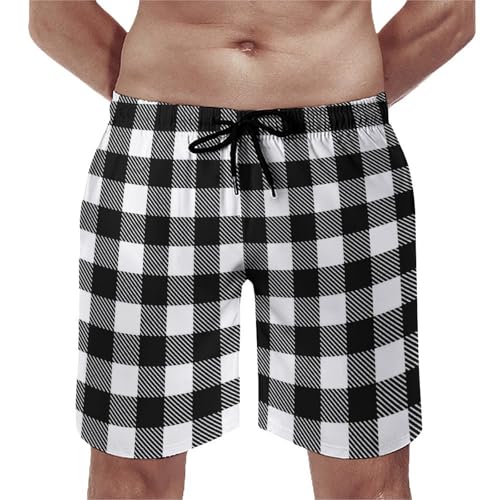 Black White Twill Stripe Plaid Print Mens Swim Trunks, Quick Dry Swim Shorts with Mesh Lining Swimwear Bathing Suits