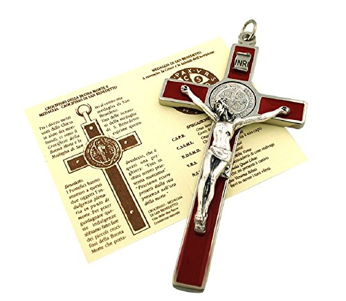 Vatican Imports St. Benedict Wall Crucifix with Colored Enamel and Booklet Explaining The St. Benedict Medal (Red)