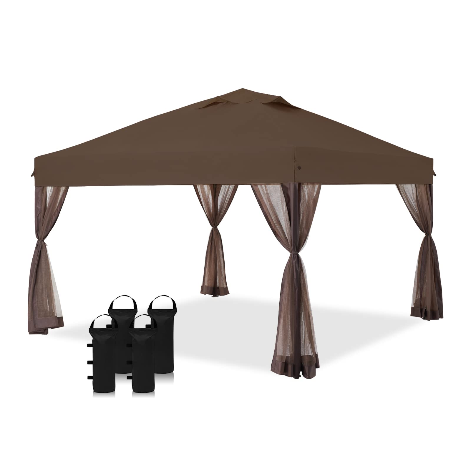CROWN SHADES 10x10 Pop up Canopy Outside Canopy with 4 Removable nettings with Door,Patented One Push Tent Canopy with STO'N and Go Bag, Bonus 8 Stakes and 4 Ropes and 4 Weight Bags, Coffee