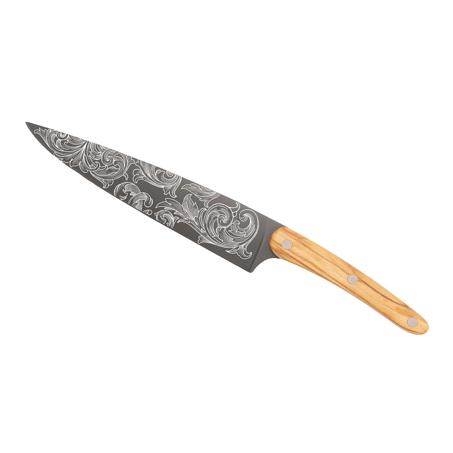deejo - Couteau de Chef Pleine Soie - Manche en Bois d’Olivier Riveté, Motif Floréal - Lame en Acier Inoxydable X50CRMOV15, Finition Titane Gris Anthracite