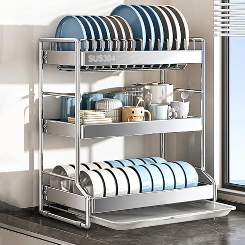 ARMAAN Escurridor De Platos De 3 Niveles con Bandeja De Drenaje - Escurridor Grande De Acero Inoxidable para Encimera De Cocina con Soporte para Utensilios, Ideal para Platos, Tazas,C-42cm/16.54in