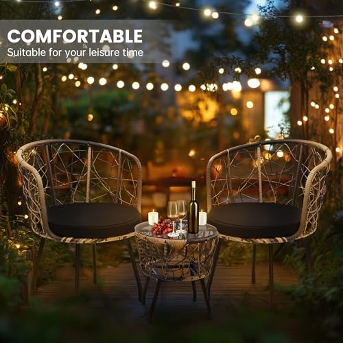 Image of Kromax 3-Piece Patio Modern Bistro Set, Natural /Black | Outdoor All-Weather Wicker Furniture Chairs and Side Table Set, Ideal for Balcony, Porch and Backyard
