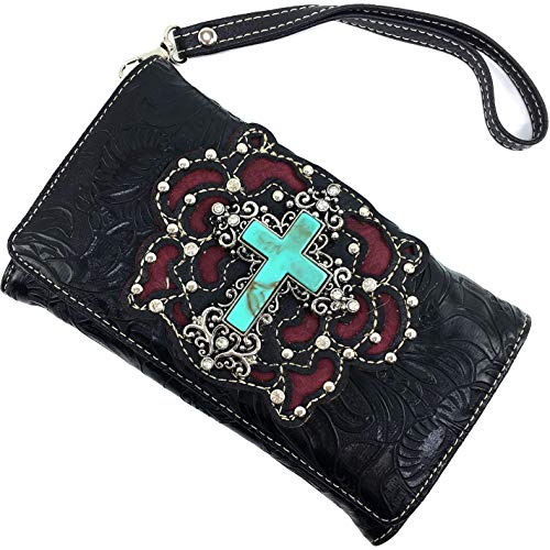 Zelris Western Turquoise Stone Cross Women Crossbody Wrist Handle Trifold Wallet2